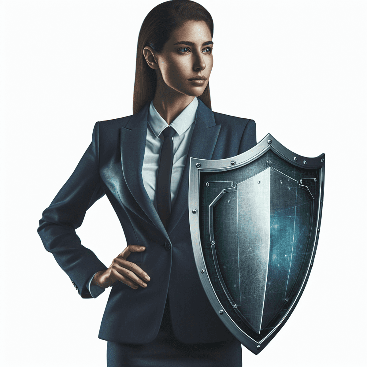 A Hispanic woman wearing a business suit, holding a strong shield, and exuding confidence in her cybersecurity leadership role.