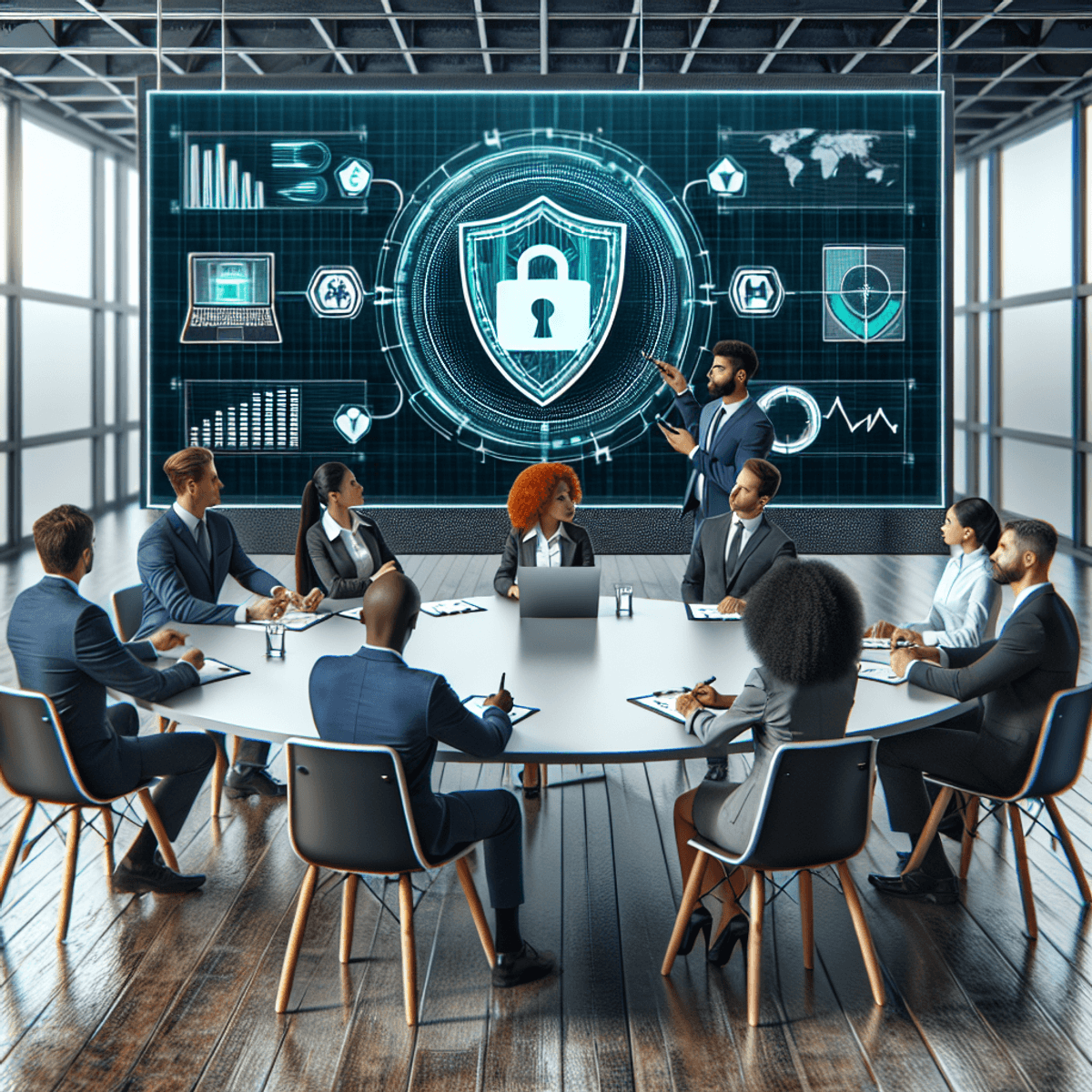 A corporate training session with employees of various descents gathered around a large, round table, focused on a cybersecurity presentation displaye