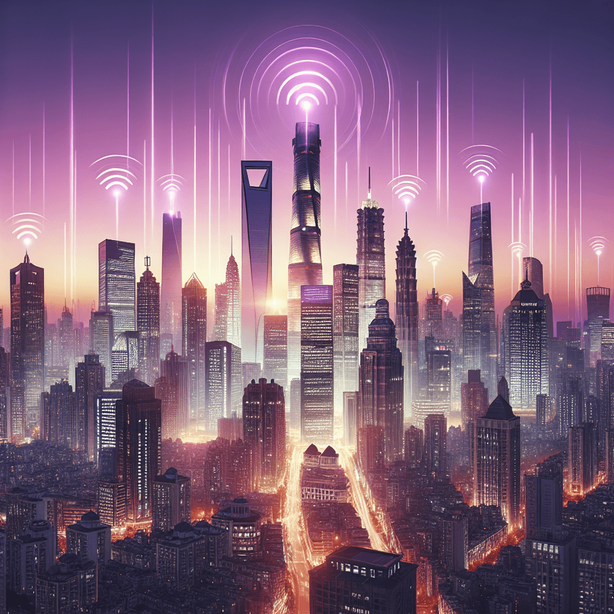 A futuristic cityscape with towering skyscrapers against a lavender and rose evening sky, featuring a blend of traditional and avant-garde architectur