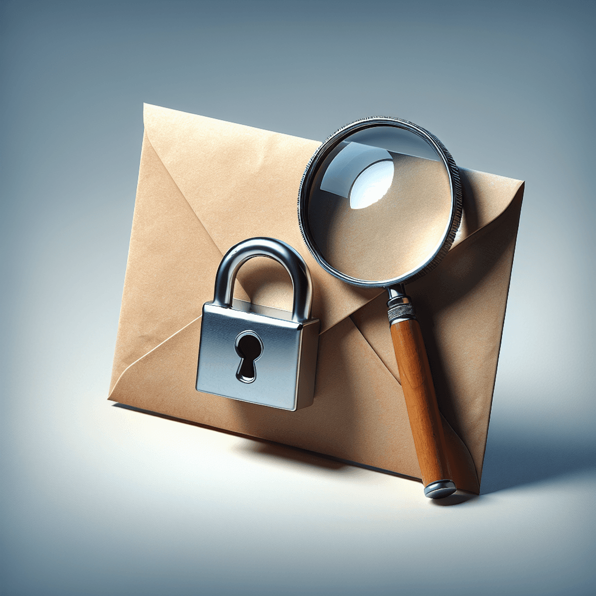 A locked envelope with a padlock and a magnifying glass hovering above.