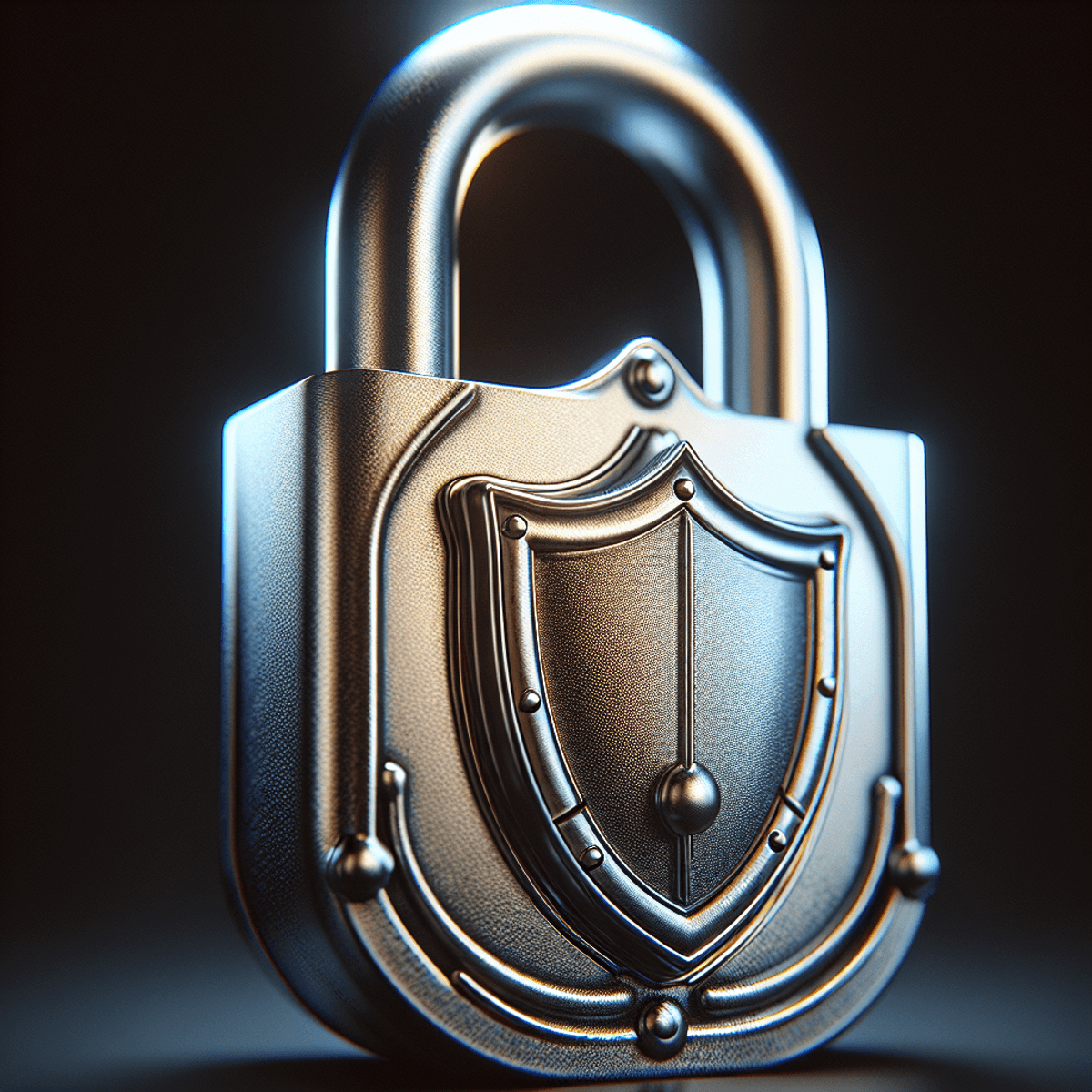 A metallic padlock with a shield in the background.