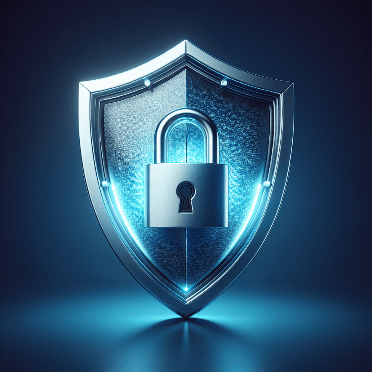 A modern shield with a padlock design at its center symbolizing cybersecurity insurance.