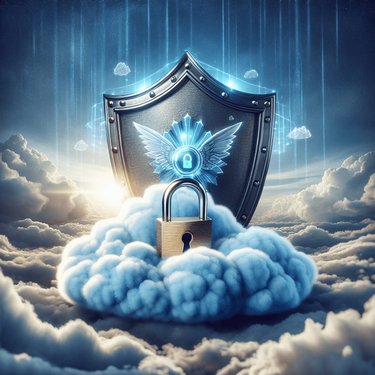 A padlock protecting a fluffy cloud with a shield in the background.