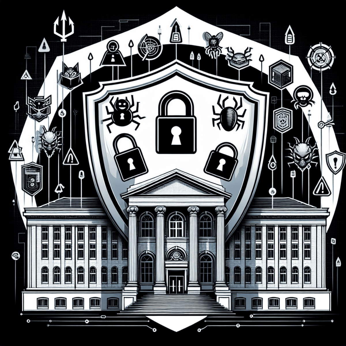 A shield emblem with digital padlock icons, phishing hooks, and malware symbols surrounding an educational building.