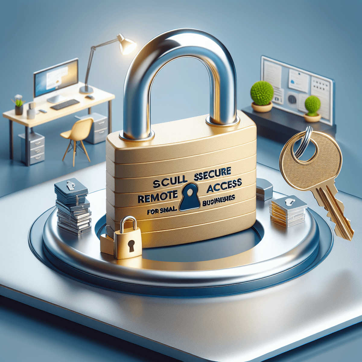 A shiny metallic lock with a sturdy appearance and a light-weight key against a background of a small business office setup.