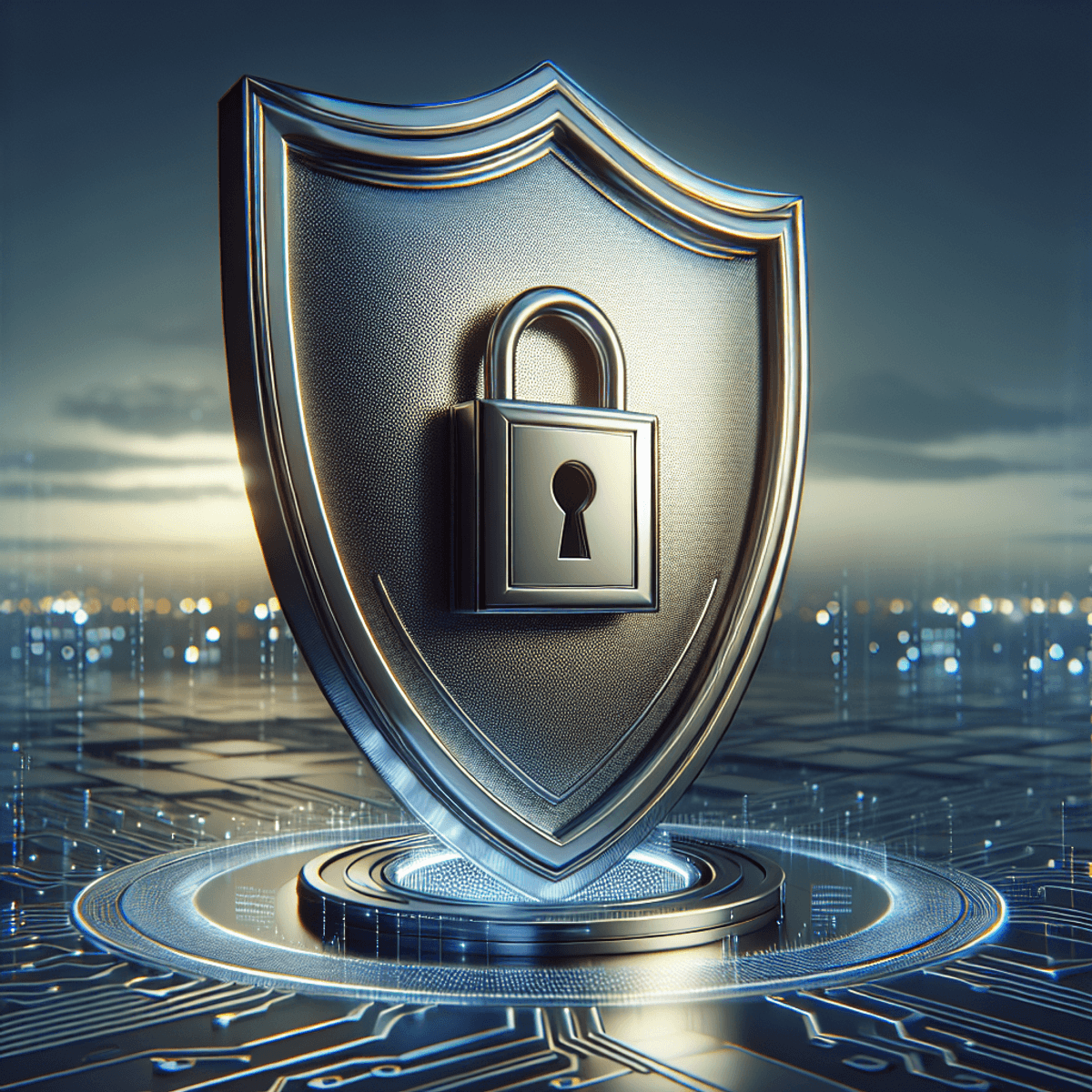 A sleek, metallic shield with a prominent lock symbol at its center, set against a digital landscape backdrop.